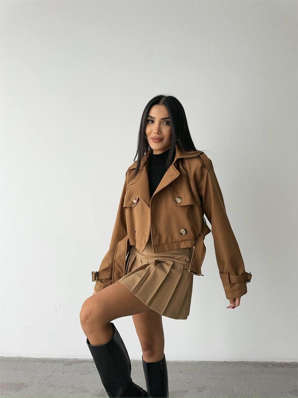 CROP TRENCH KEMER DETAYLI - Kahverengi