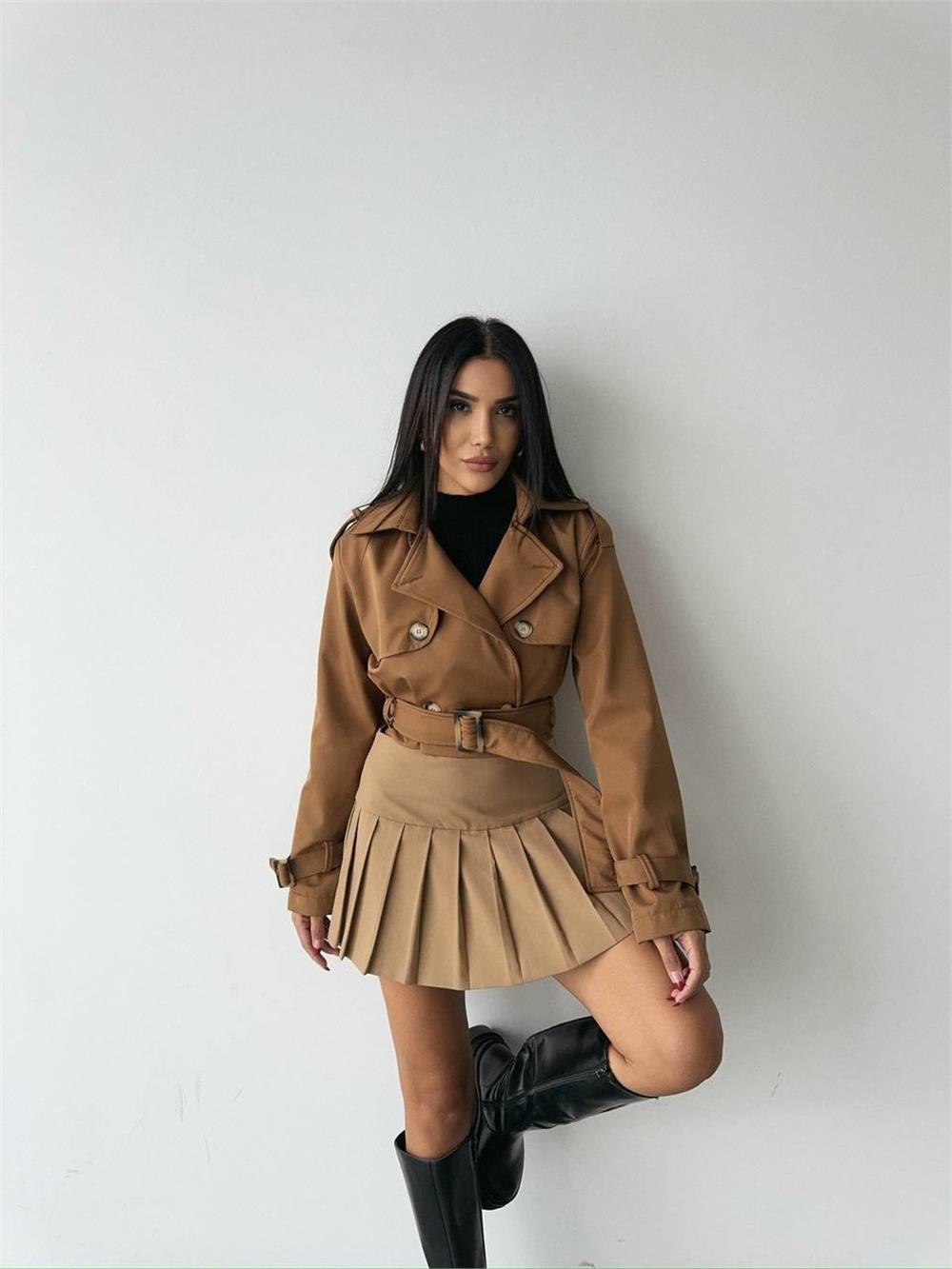 CROP TRENCH KEMER DETAYLI - Kahverengi