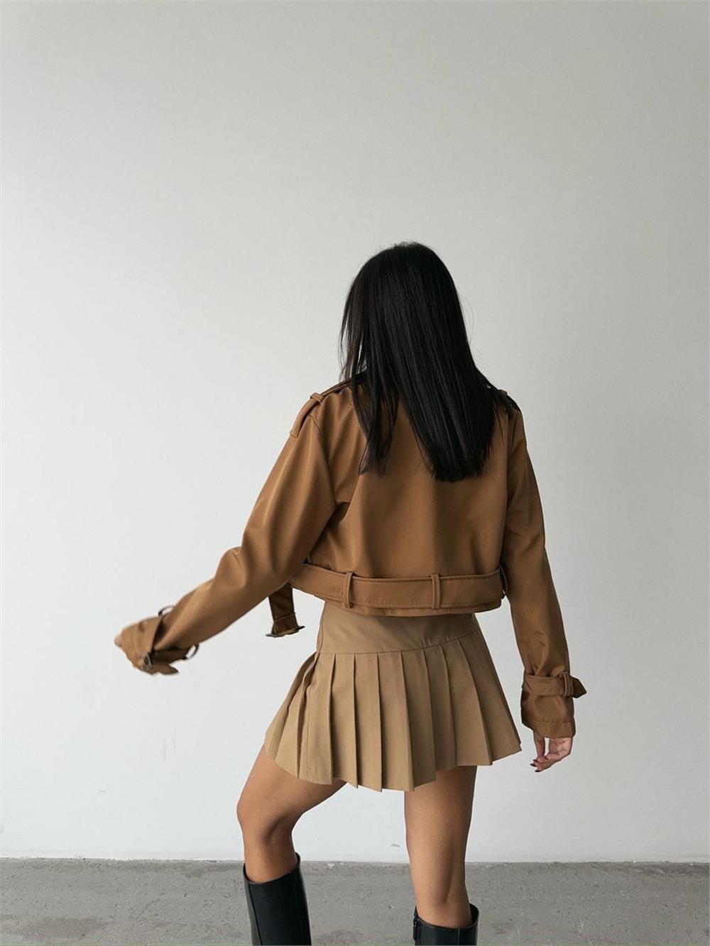 CROP TRENCH KEMER DETAYLI - Kahverengi