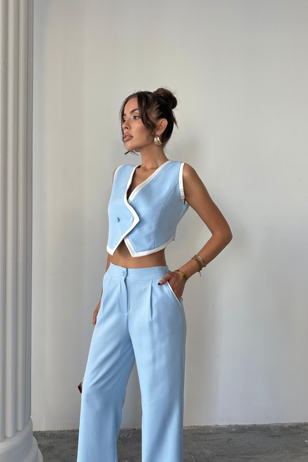 CROP YELEK ASİMETRİK BİYELİ - PANTOLON TAKIM - Mavi