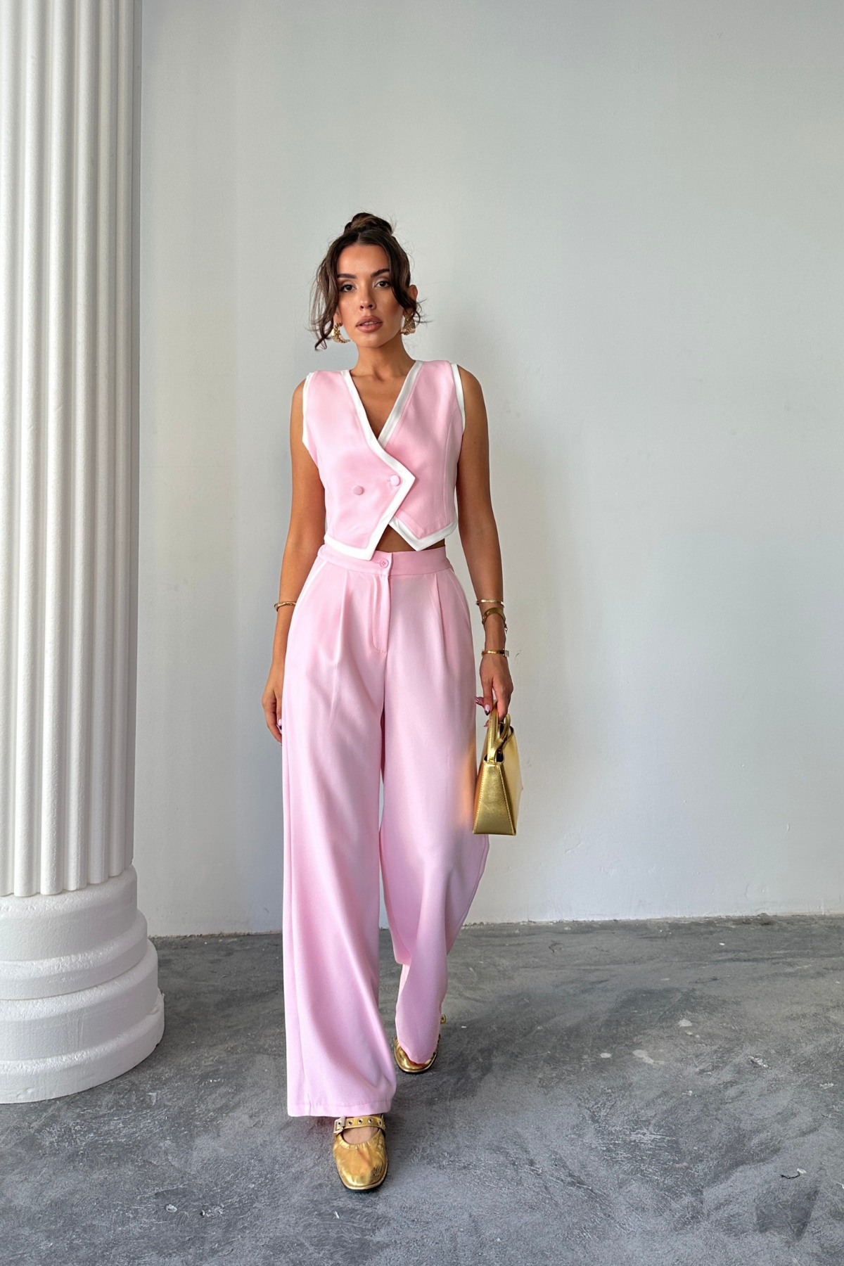 CROP YELEK ASİMETRİK BİYELİ - PANTOLON TAKIM - Pembe