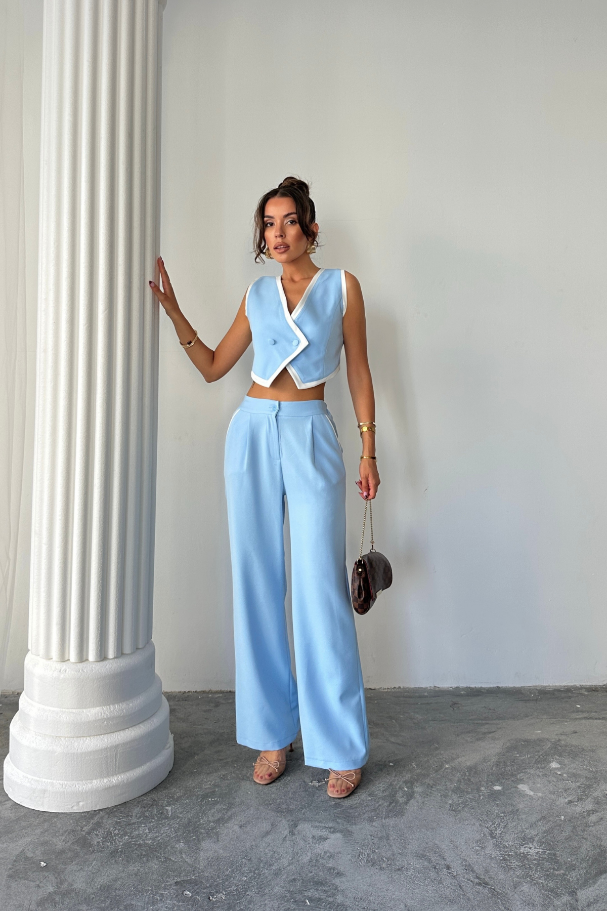 CROP YELEK ASİMETRİK BİYELİ - PANTOLON TAKIM - Mavi