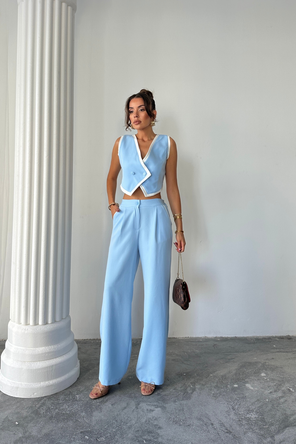 CROP YELEK ASİMETRİK BİYELİ - PANTOLON TAKIM - Mavi