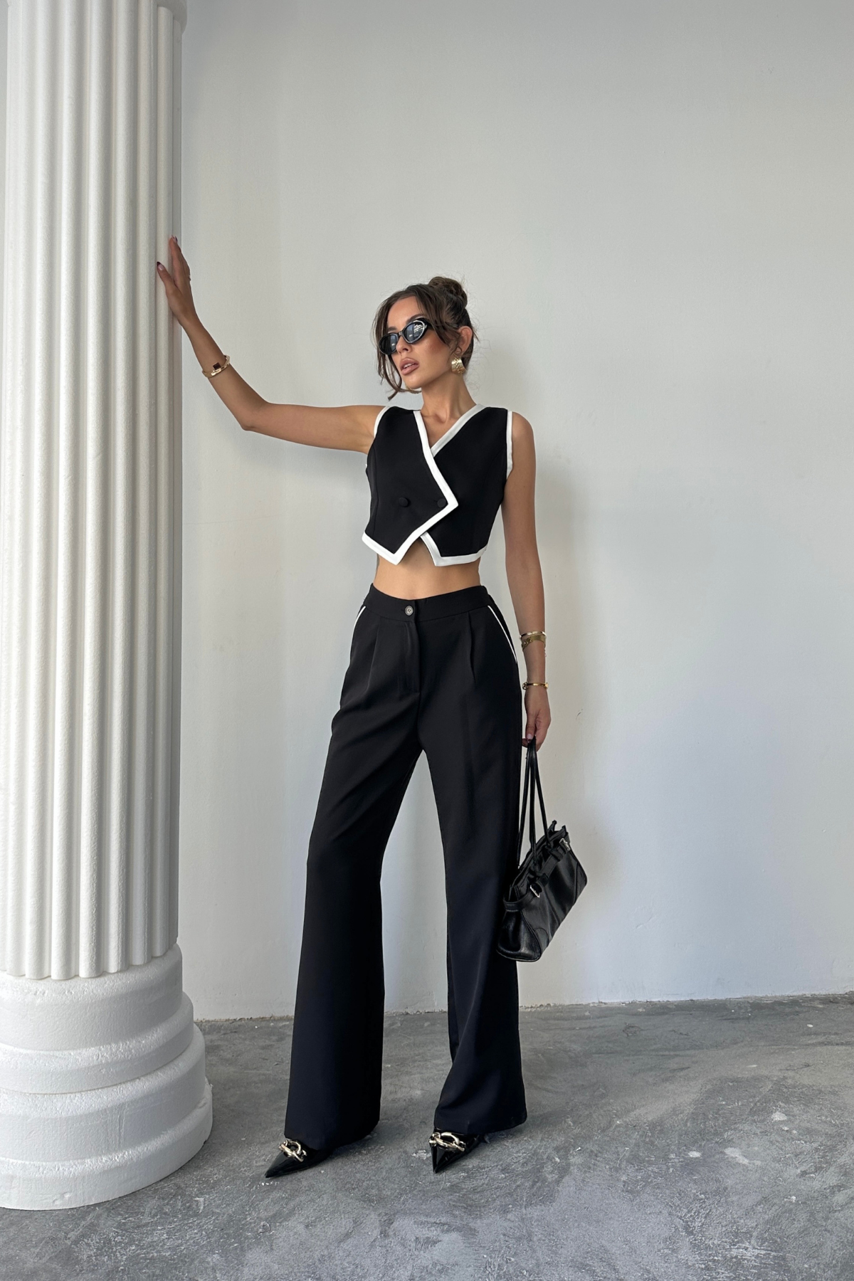 CROP YELEK ASİMETRİK BİYELİ - PANTOLON TAKIM - Siyah