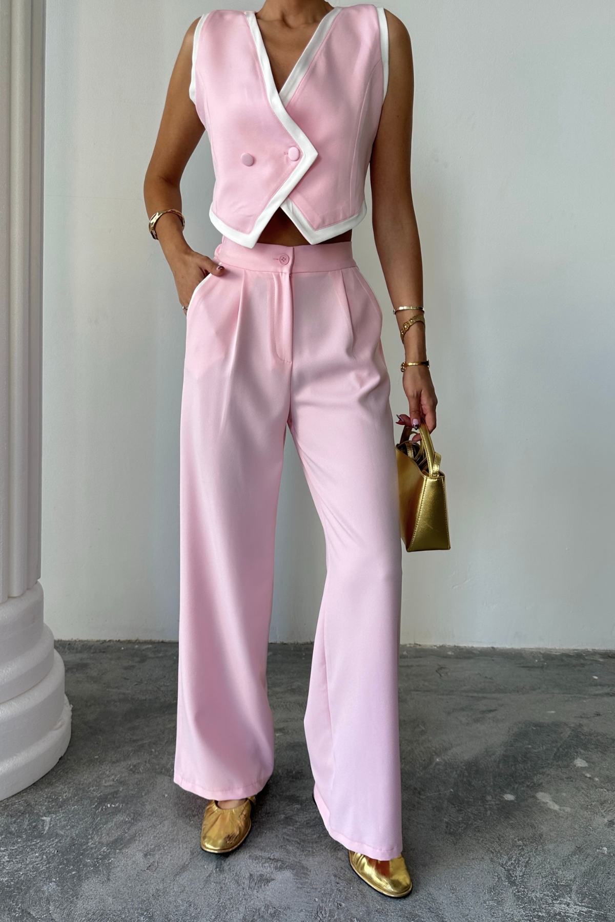 CROP YELEK ASİMETRİK BİYELİ - PANTOLON TAKIM - Pembe