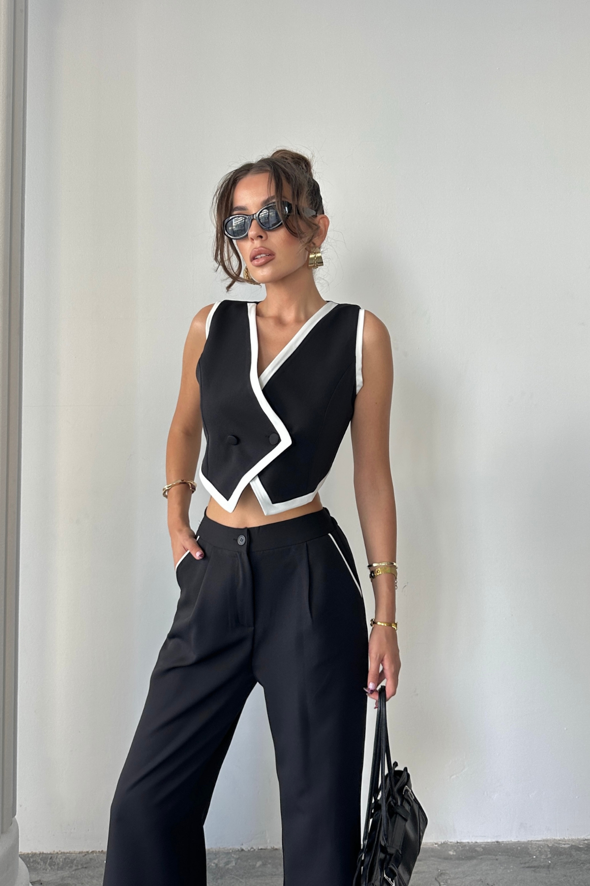 CROP YELEK ASİMETRİK BİYELİ - PANTOLON TAKIM - Siyah