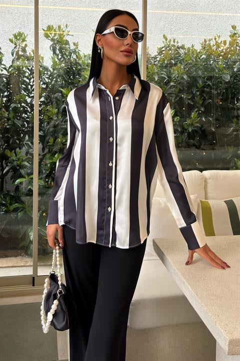 Çubuk Çizgili Şifon Saten Gömlek 3428