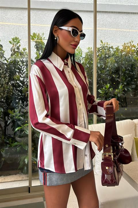 Çubuk Çizgili Şifon Saten Gömlek 3428