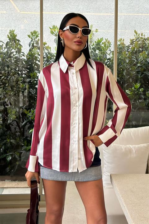 Çubuk Çizgili Şifon Saten Gömlek 3428 BORDO L
