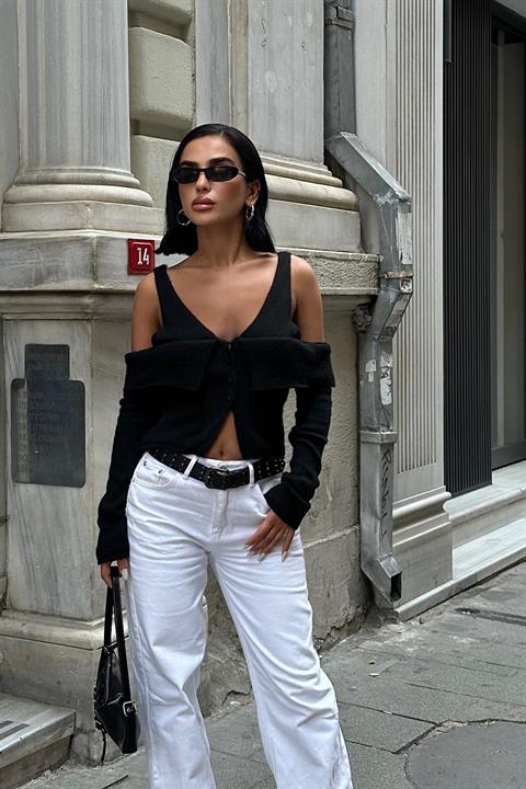 Cynthia Cut Out Triko Hırka 5116-23 SİYAH STD
