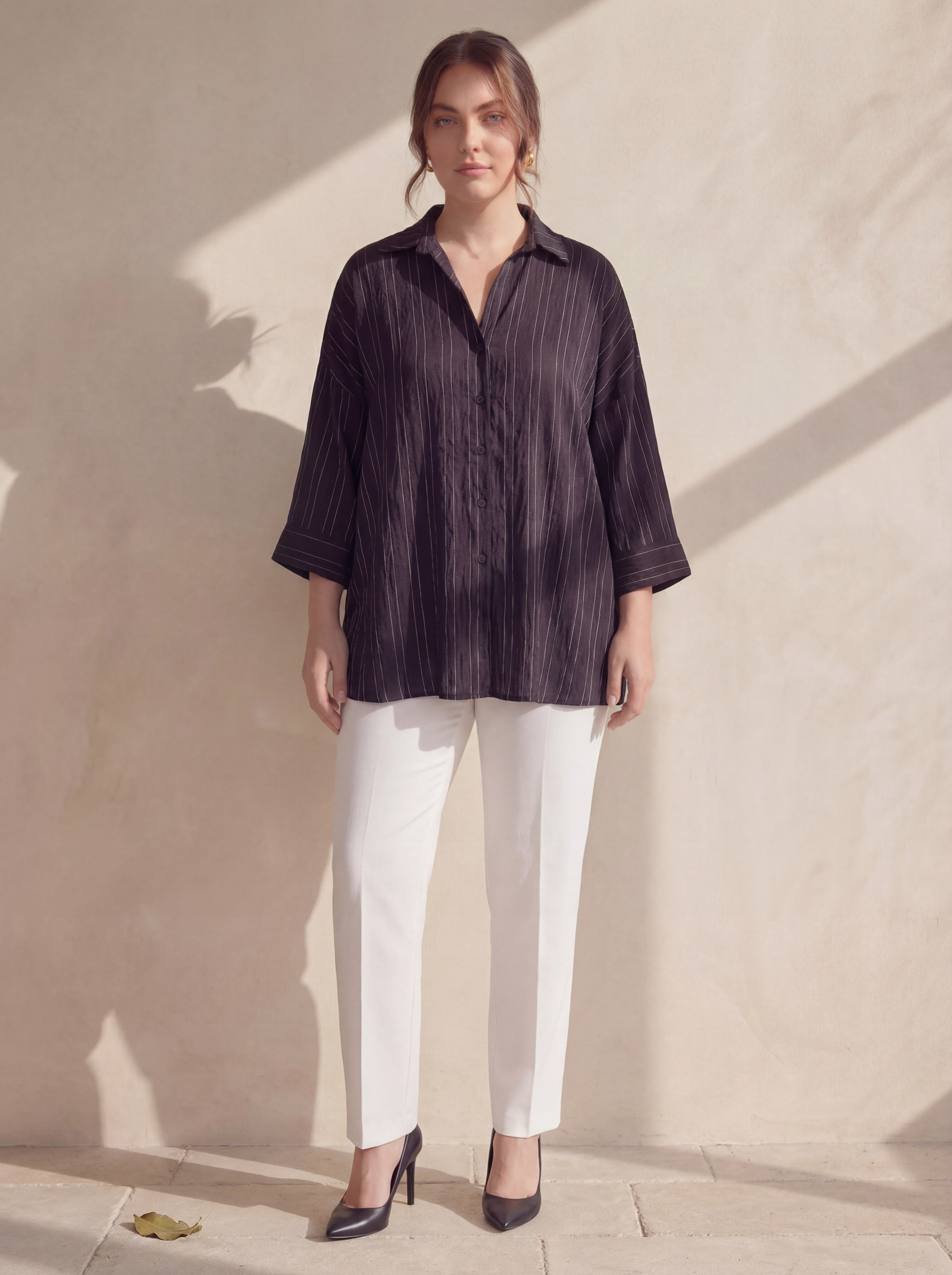 Plus Size Striped Viscose Shirt Black