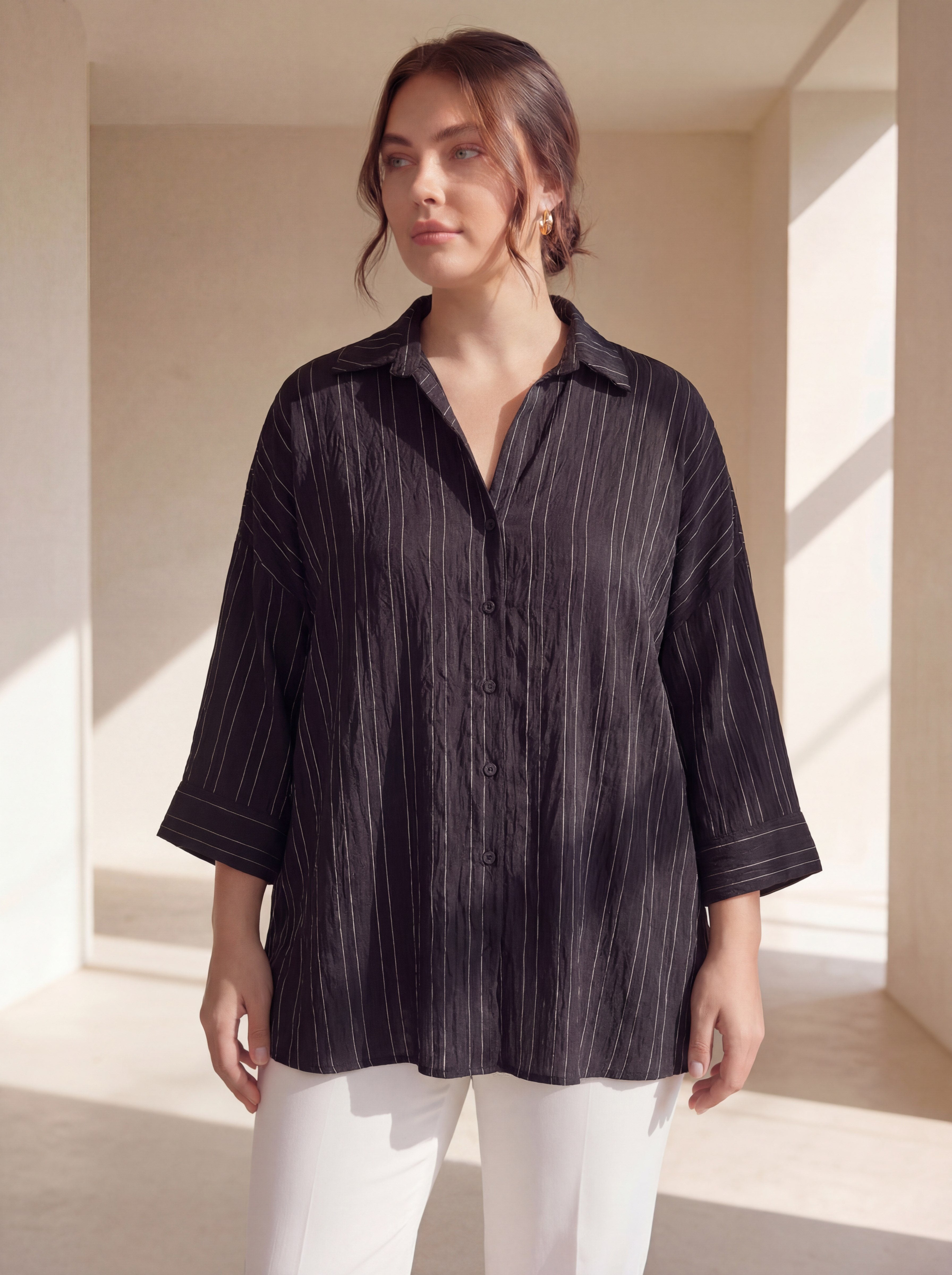 Plus Size Striped Viscose Shirt Black