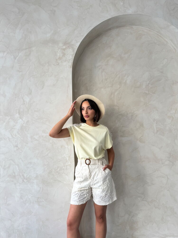 Omuzu Dantelli t - Shirt - Sarı