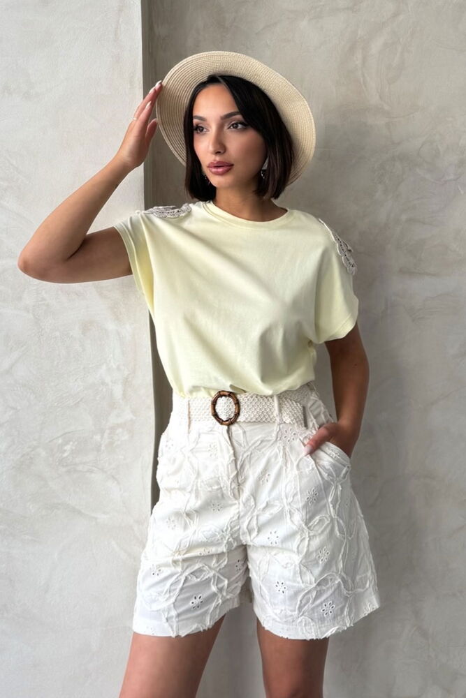 Omuzu Dantelli t - Shirt - Sarı