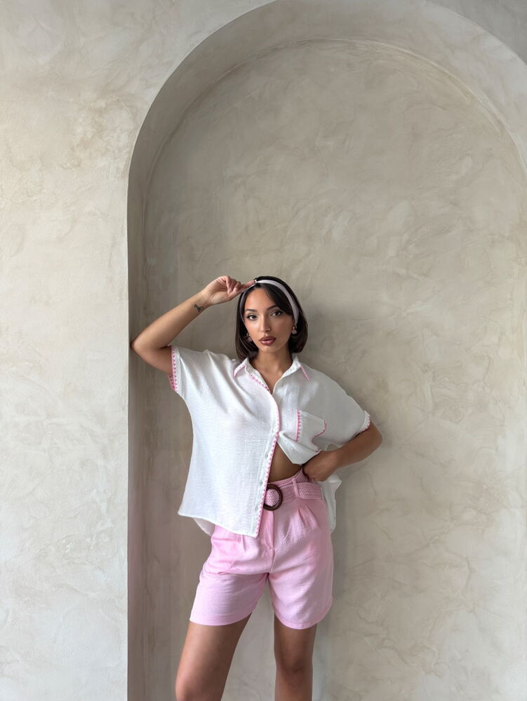 Çoban  Dikişli Keten Gömlek - Krem Pembe