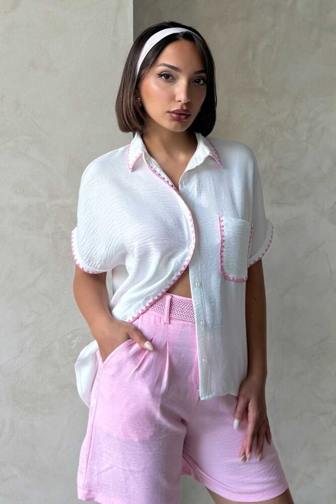 Çoban  Dikişli Keten Gömlek - Krem Pembe