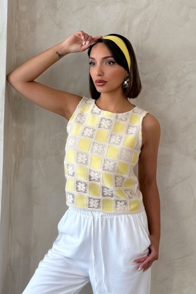 Kolsuz Dama Desen Tığ İşi Toptan Bluz