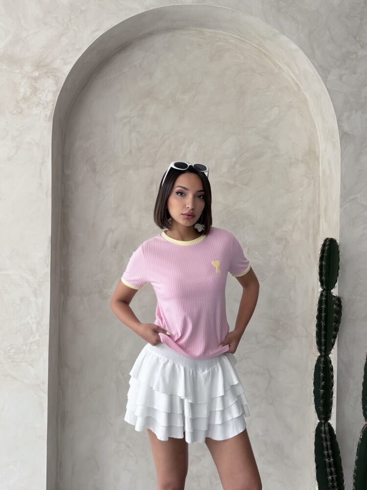 Nakışlı Tişort   Pembe Sarı