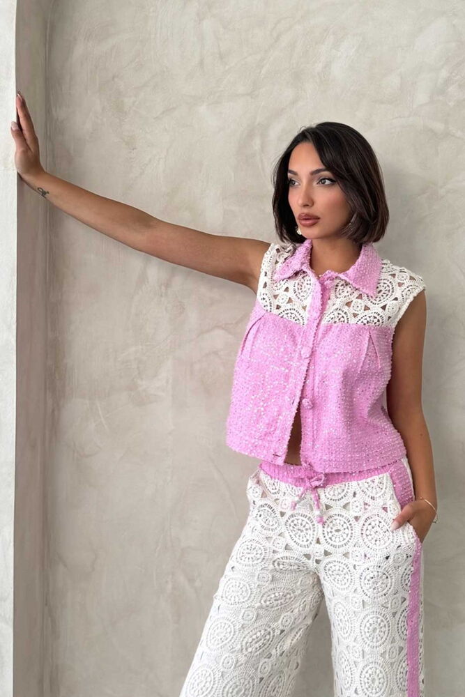 Dantel Detaylı Pullu Kot Ceket