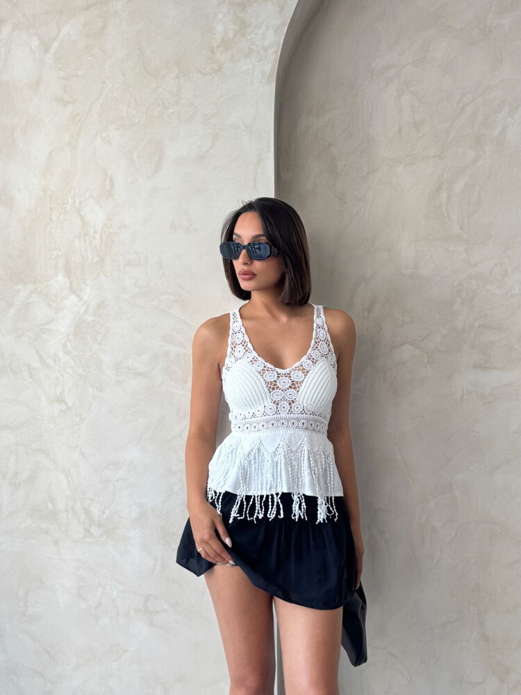 Güpür Detaylı Askılı Toptan Bluz   Krem