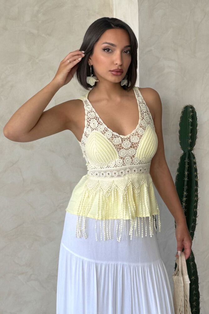 Güpür Detaylı Askılı Toptan Bluz   Sarı