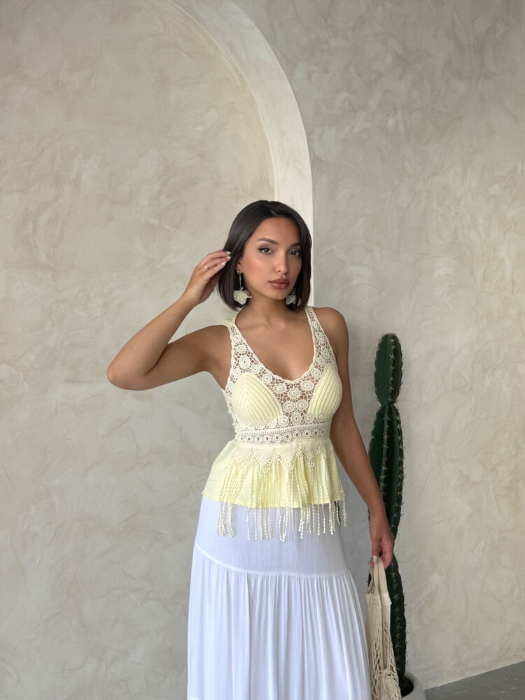Güpür Detaylı Askılı Toptan Bluz   Sarı