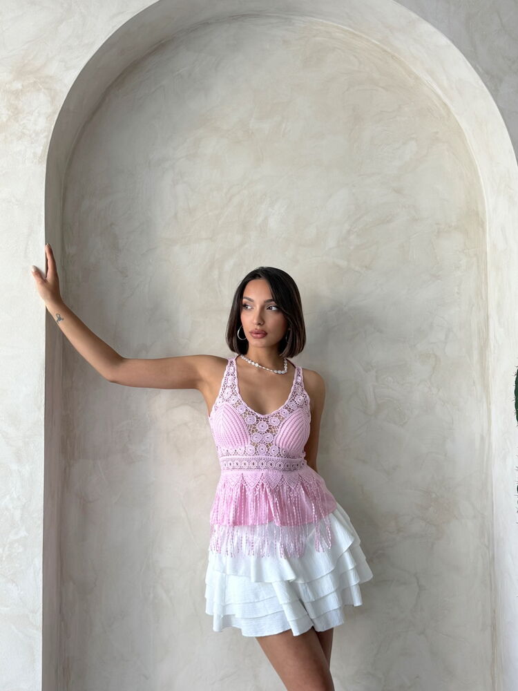 Güpür Detaylı Askılı Toptan Bluz   Pembe