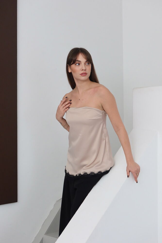 Topshow - Dantelli Straplez Saten Bluz