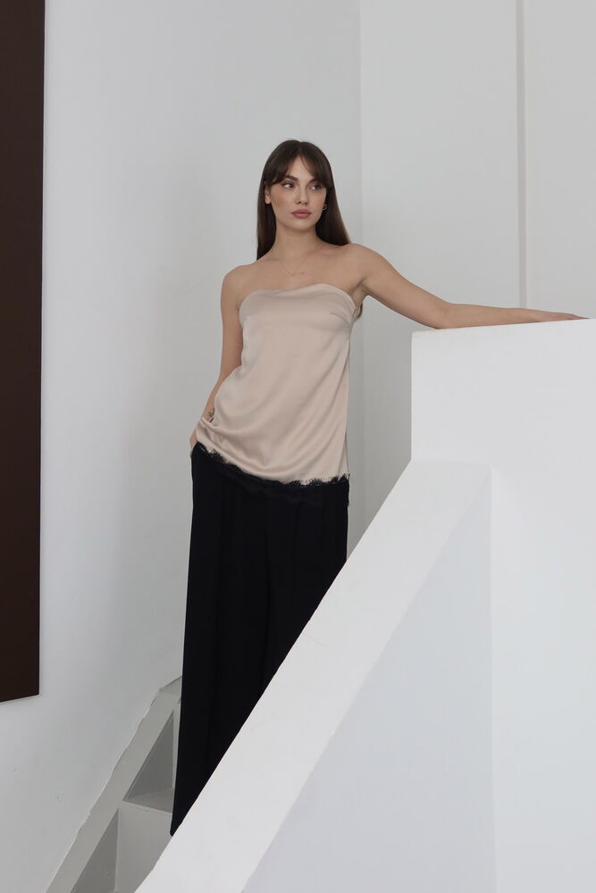 Topshow - Dantelli Straplez Saten Bluz
