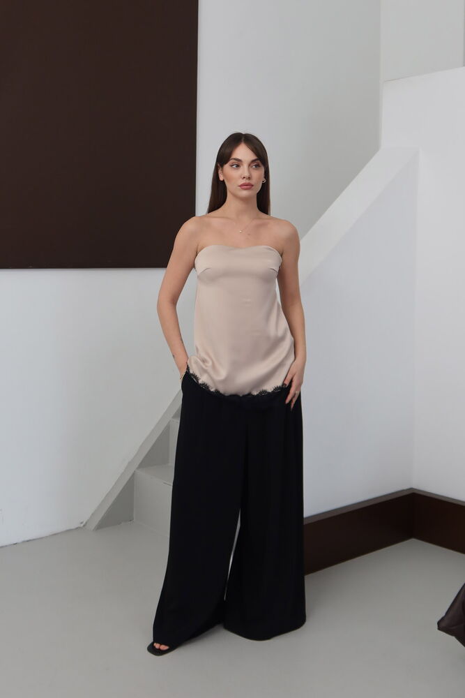 Topshow - Dantelli Straplez Saten Bluz