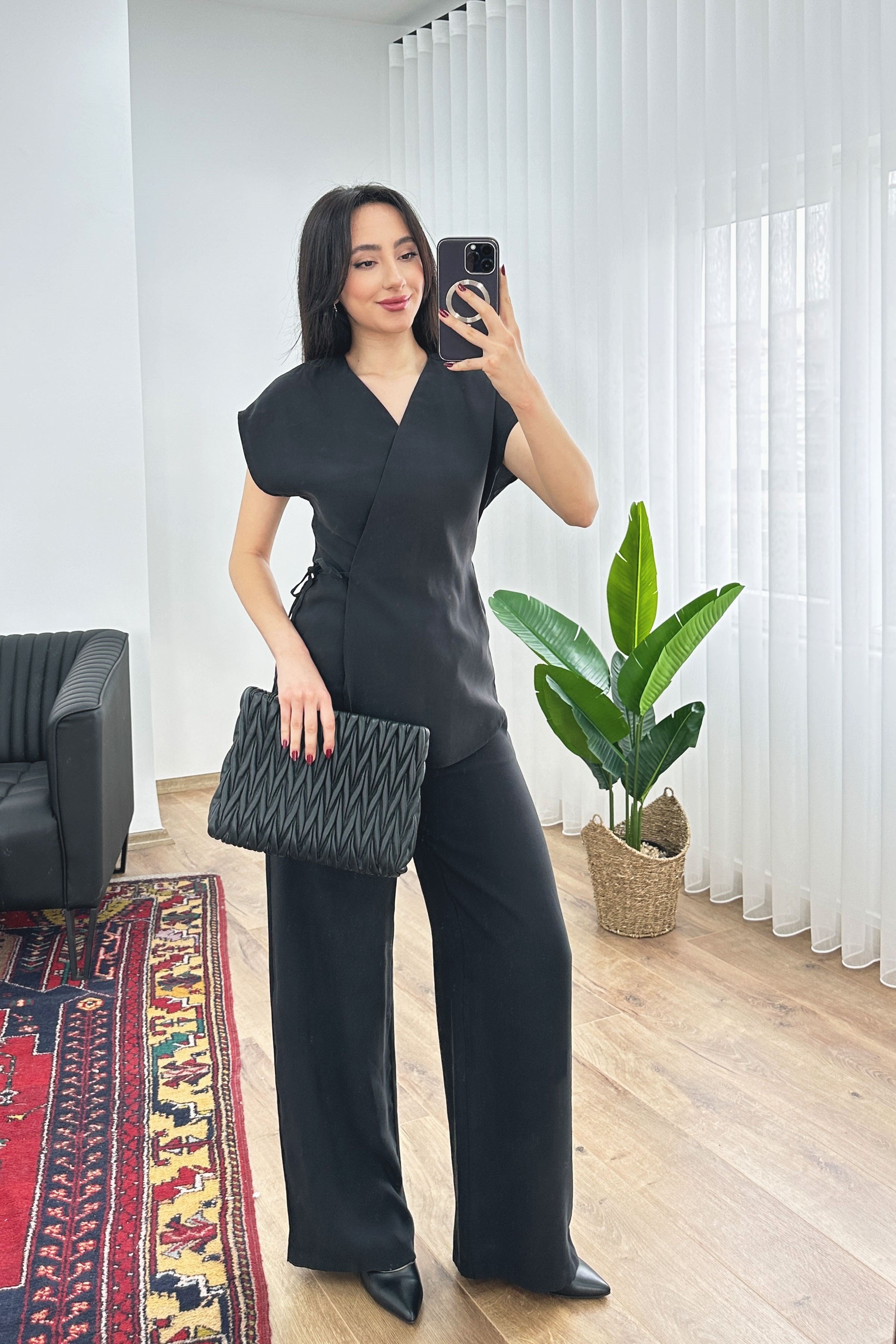Modal Tek Düğme Kapamalı Oversize Siyah Toptan Takım Siyah S