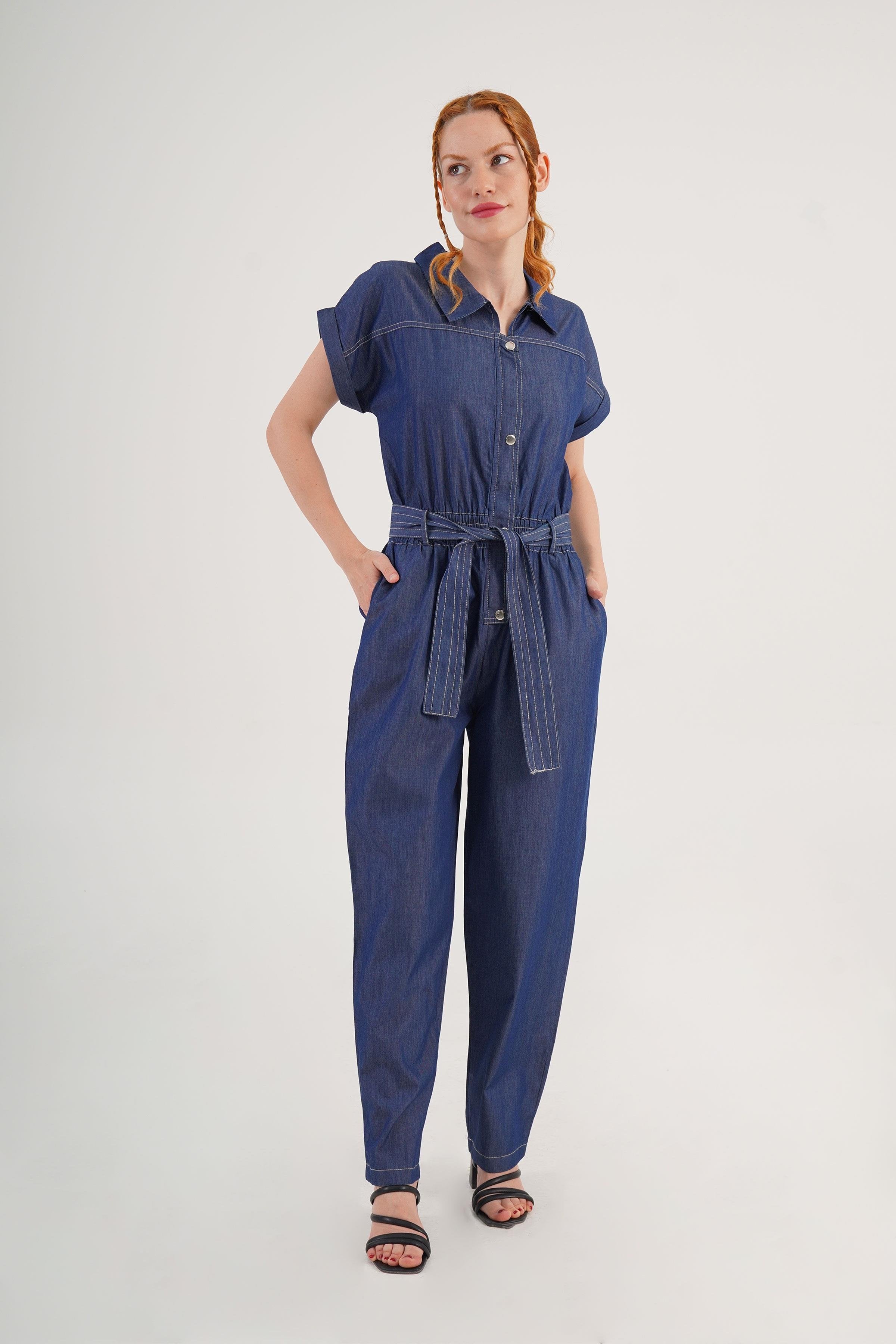 Kısa Kol Kuşaklı Kot Toptan Denim Tulum Kot S