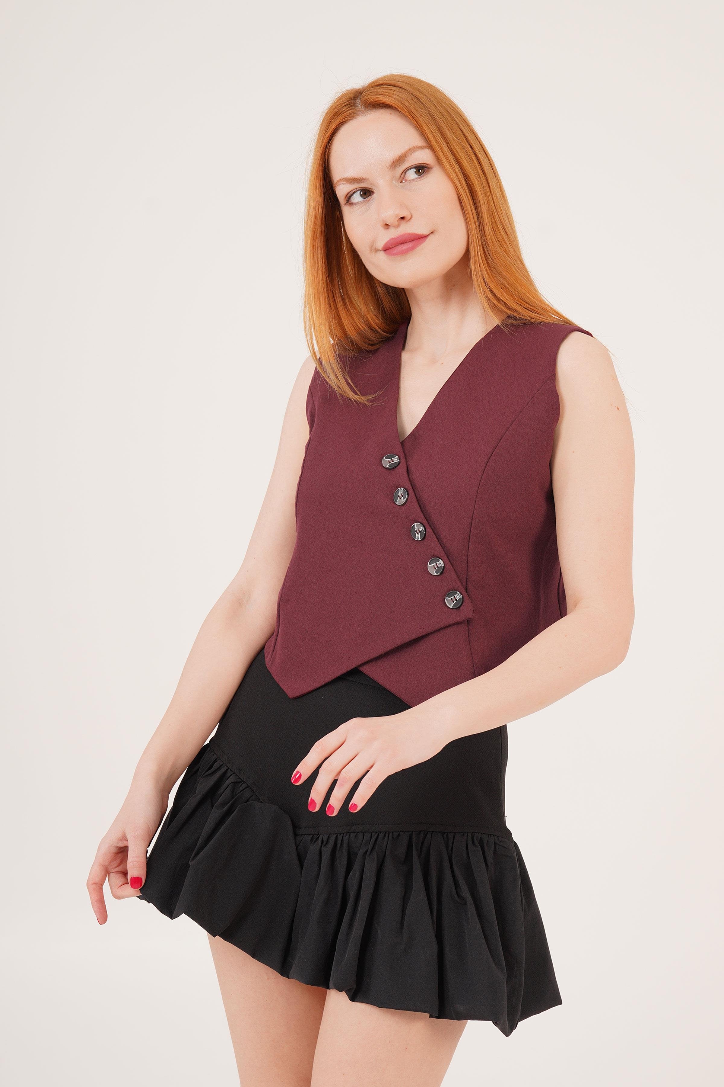 V Yaka Düğmeli Üçgen Kesim Toptan Bordo Yelek Bordo S