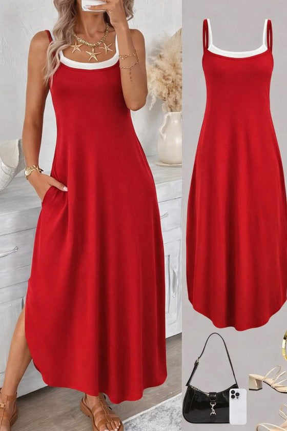 Kadın Ip Askılı Yuvarlak Yakalı Cepli Uzun Viskon Elbise , 35967