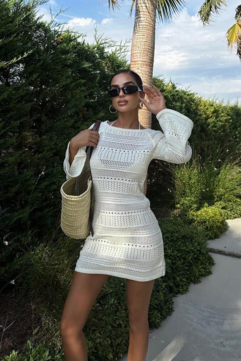 Daisy Kroşe Mini Elbise 2560-01 EKRU STD