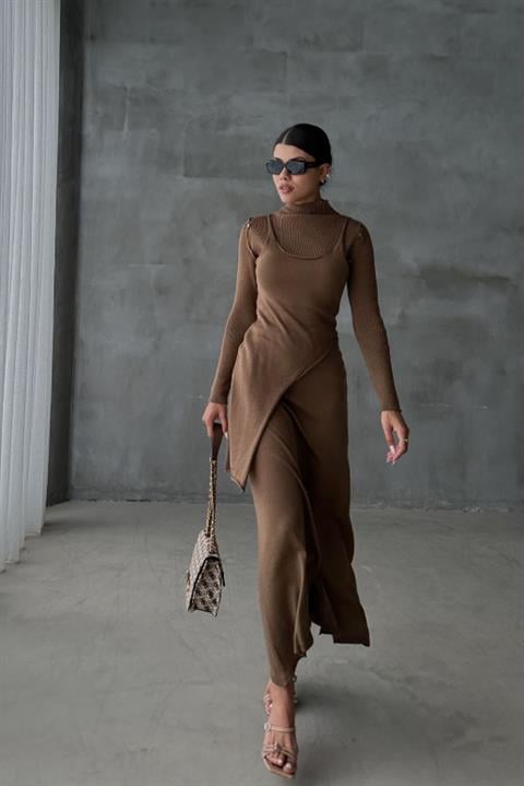 Dasha Düğme Detaylı Midi Takım  9475-23 CAMEL STD