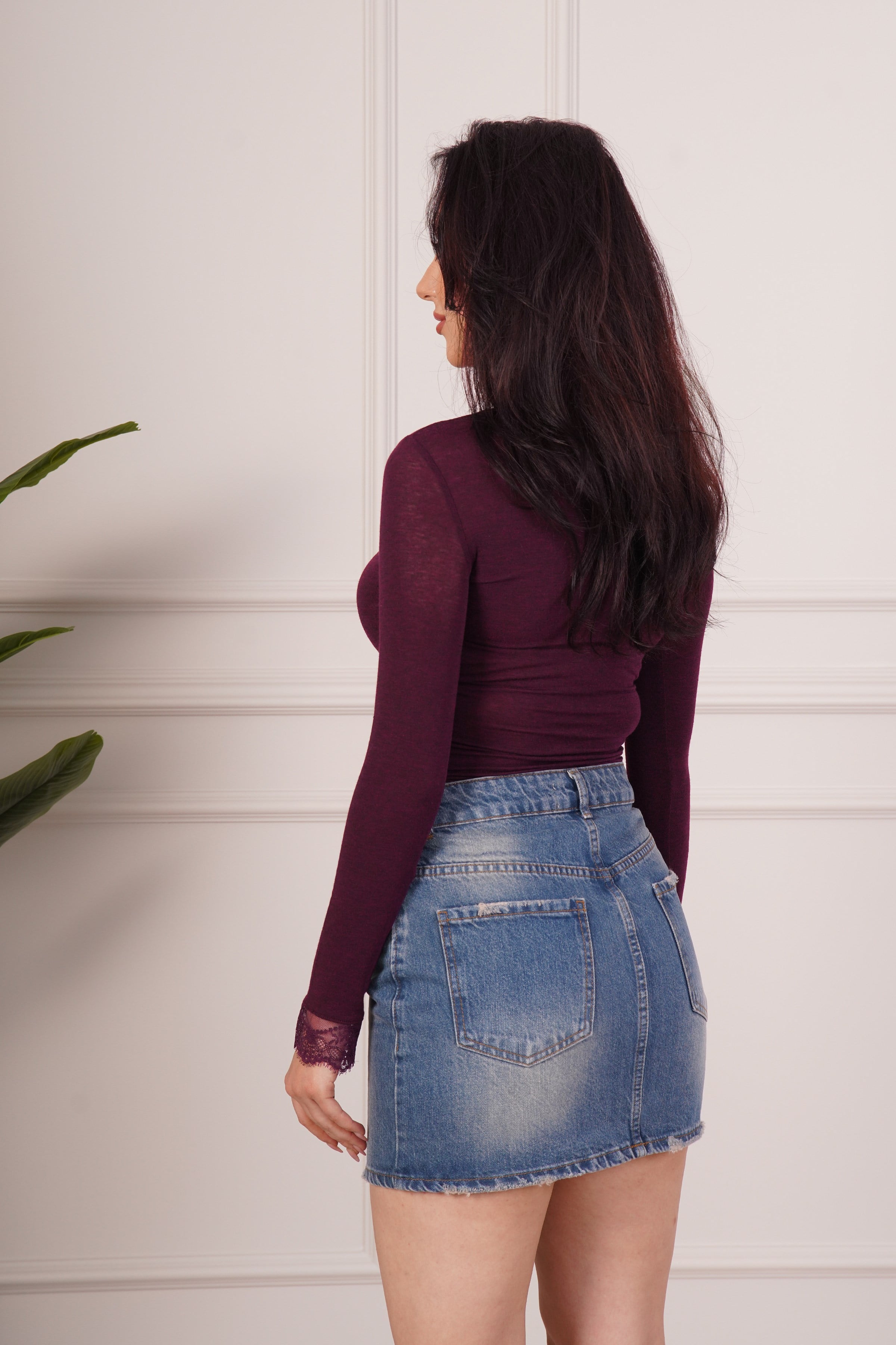 Dantel Detaylı Uzun Kollu Mürdüm Toptan Body Bluz