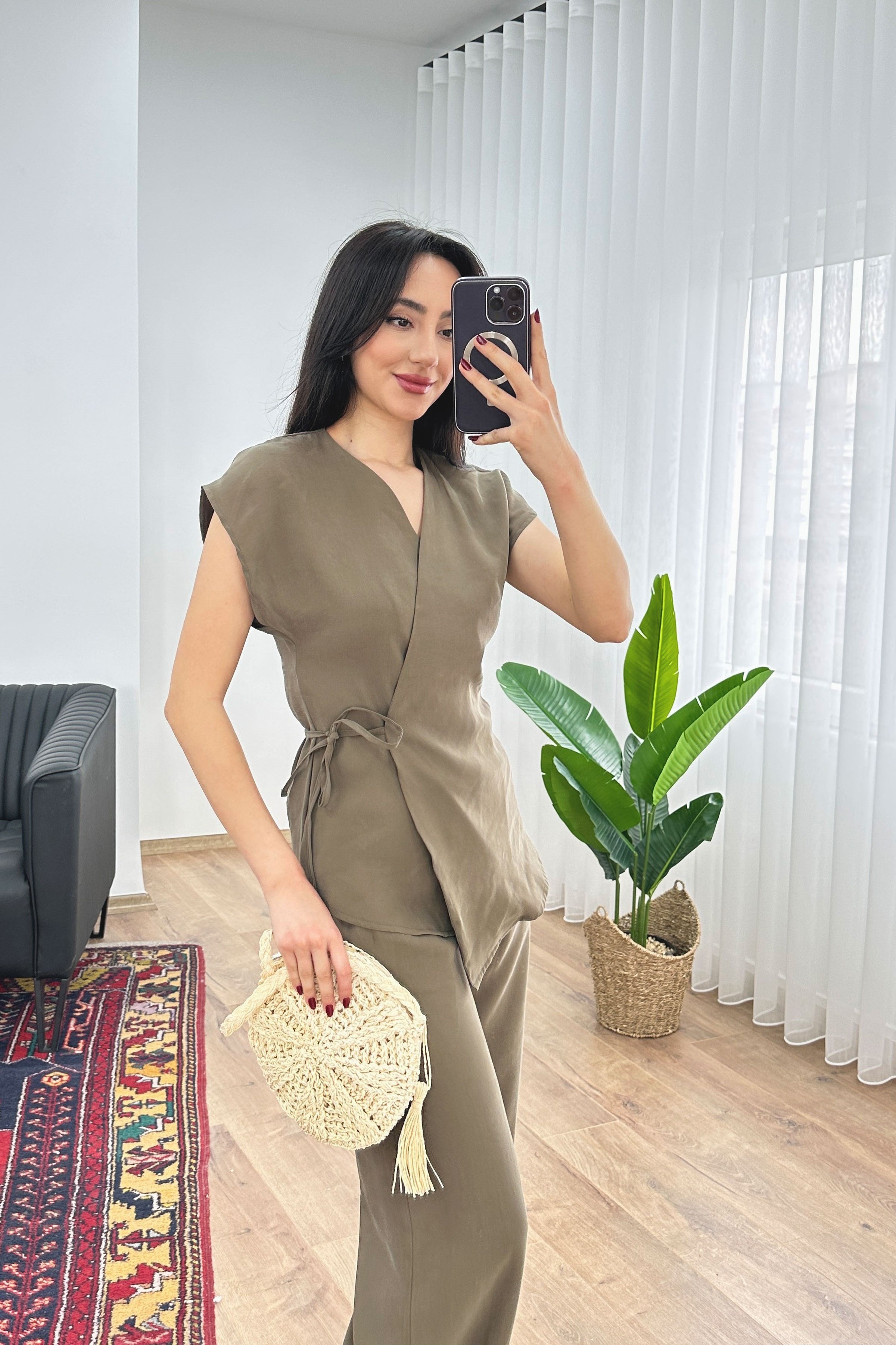 Modal Tek Düğme Kapamalı Oversize Haki Toptan Takım Haki S