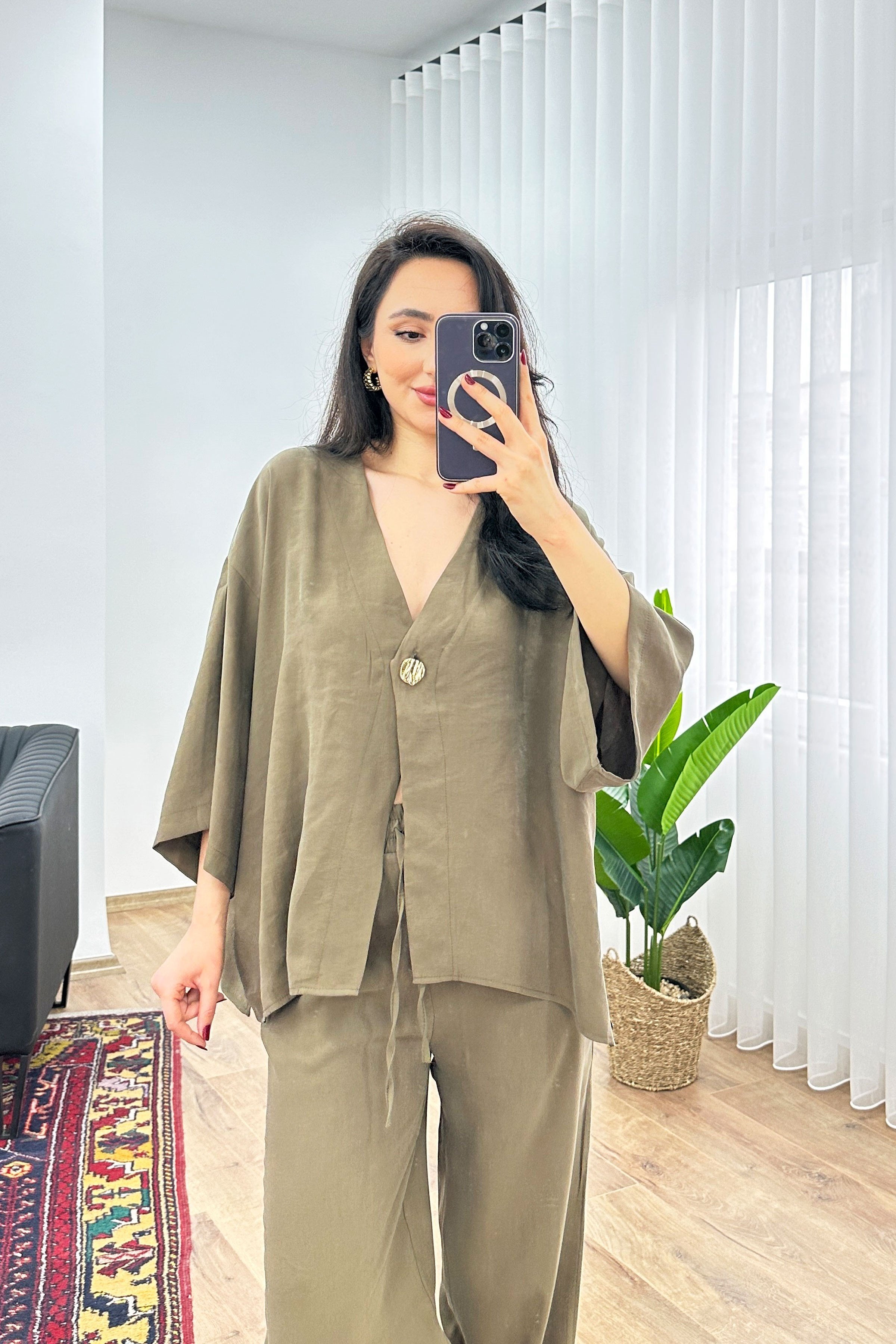 Modal Beli İp Bağlamalı Kruvaz Haki Toptan Bluz Pantolon Takım