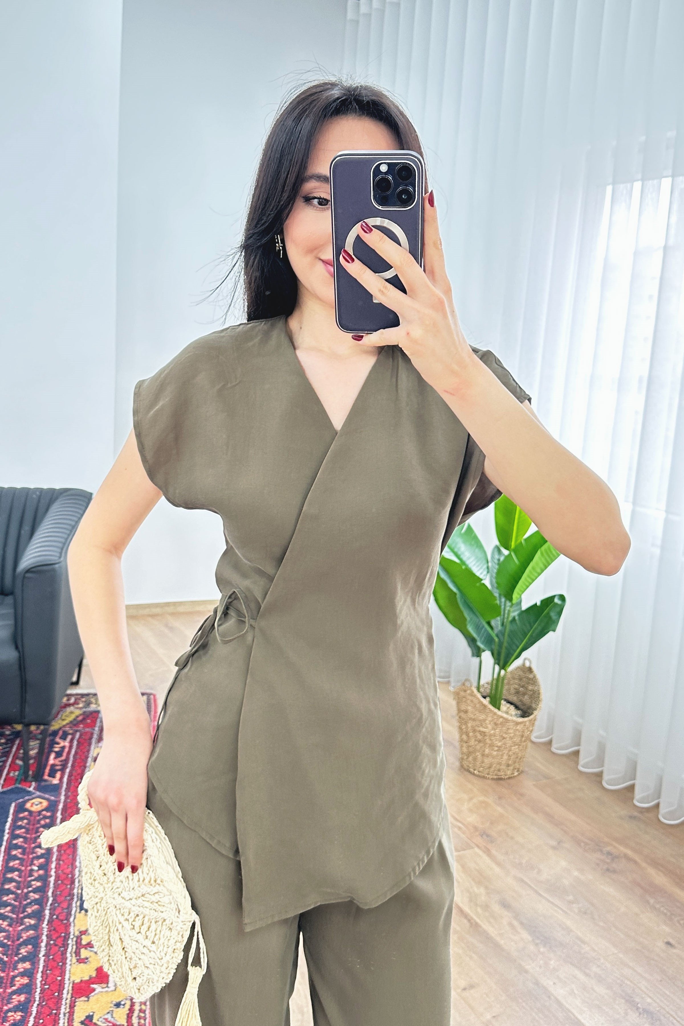 Modal Tek Düğme Kapamalı Oversize Haki Toptan Takım