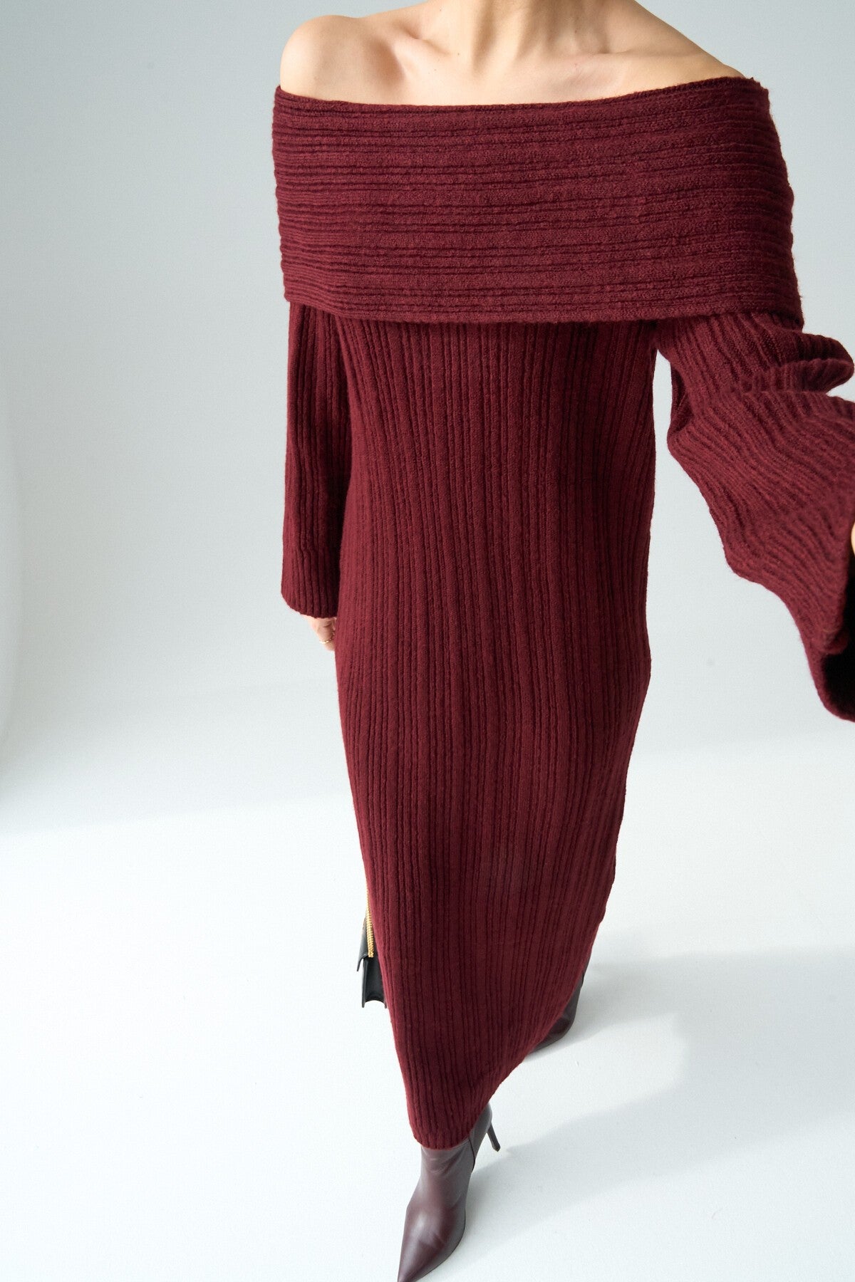 Bordo Degaje Yaka Elbise