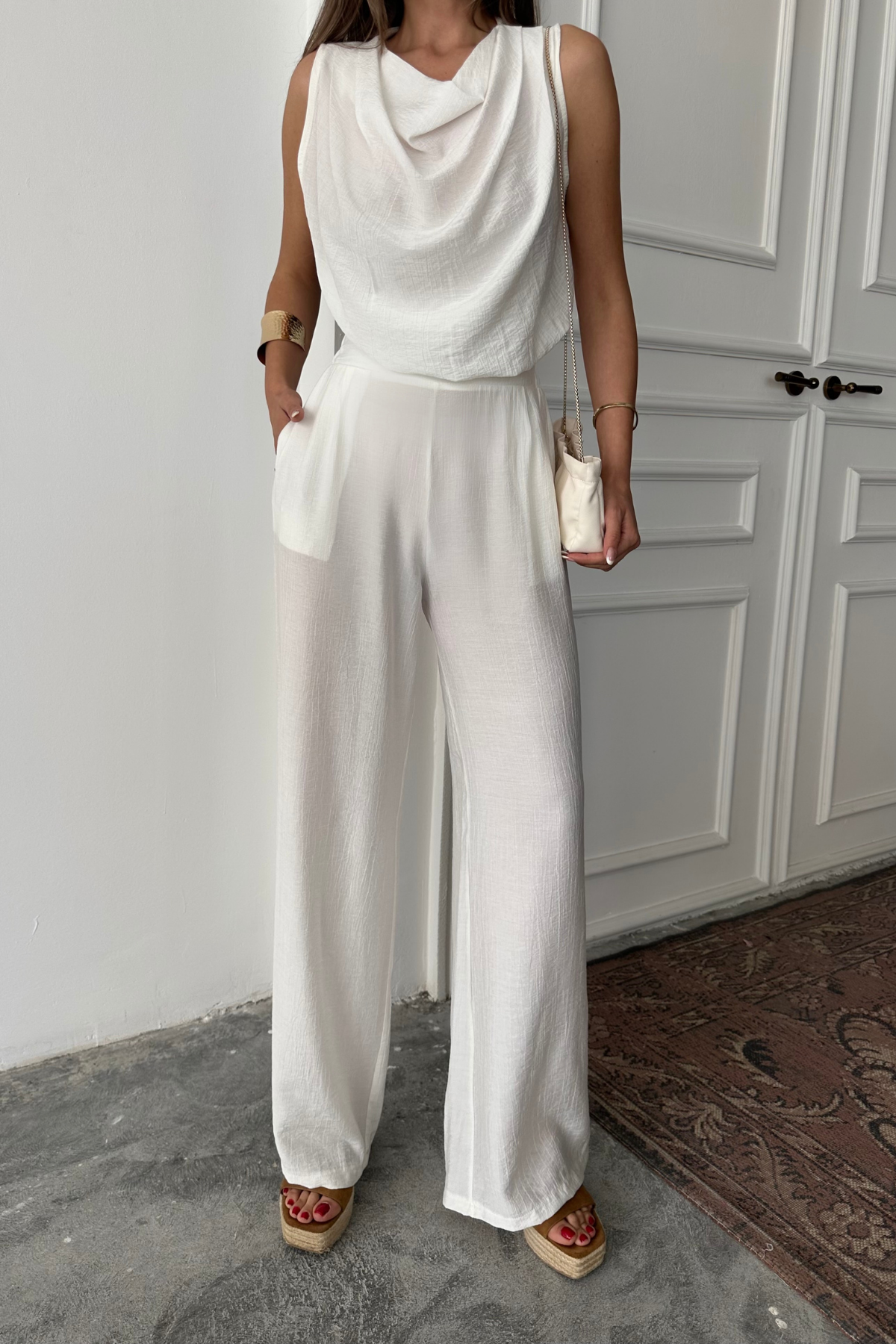 DEGAJE YAKA KOLSUZ BLUZ - PANTOLON TAKIM - Beyaz