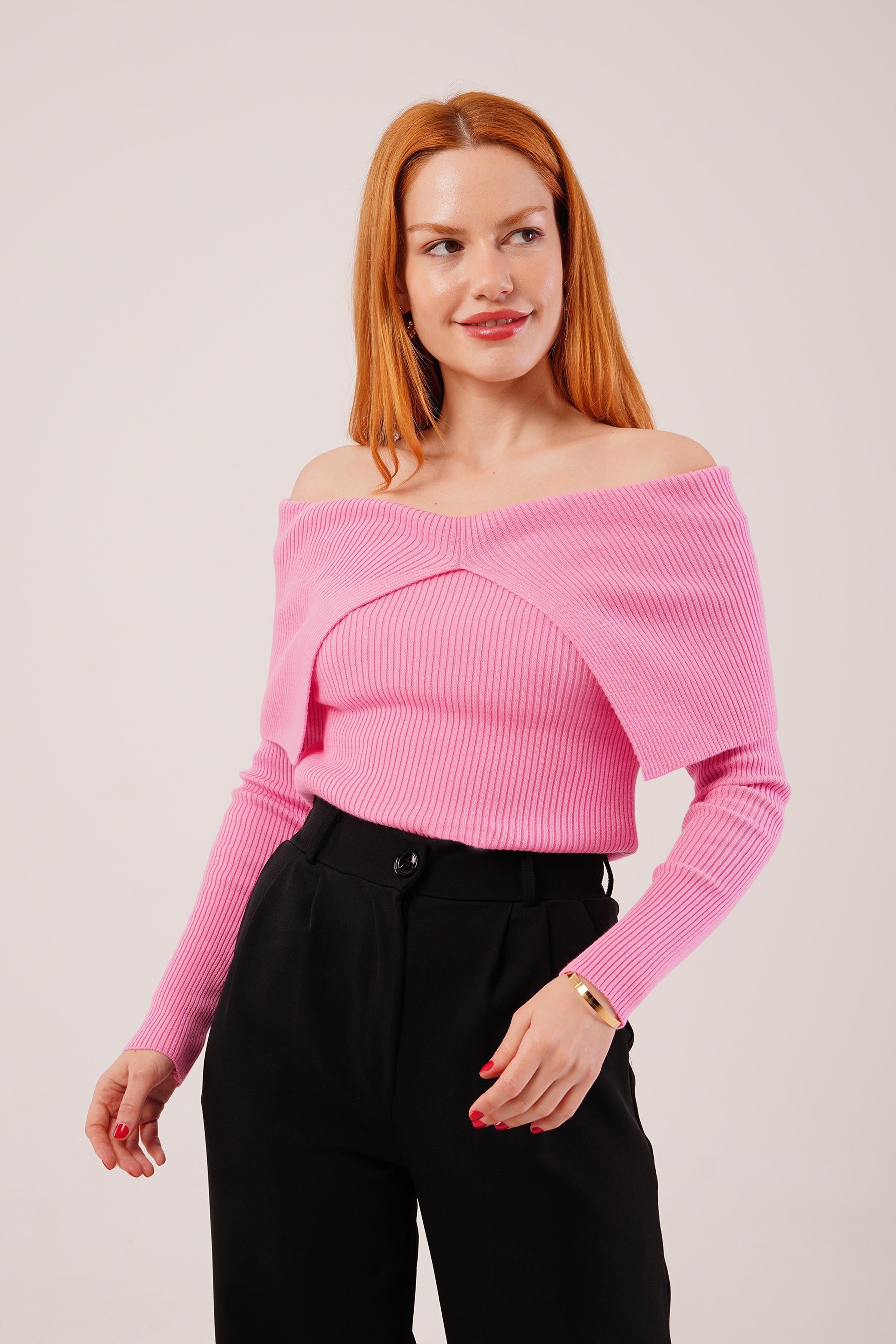 Degaje Yaka Toptan Pembe Triko Kazak Pembe STD