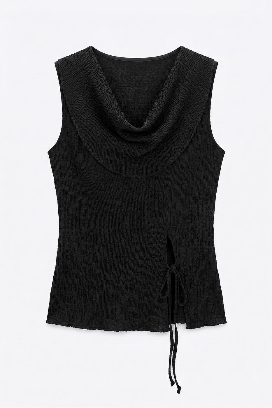 Cowl Neck Textured Tie Detailed Blouse