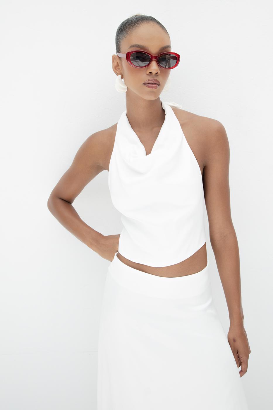 Satin Blouse with Plunging Collar