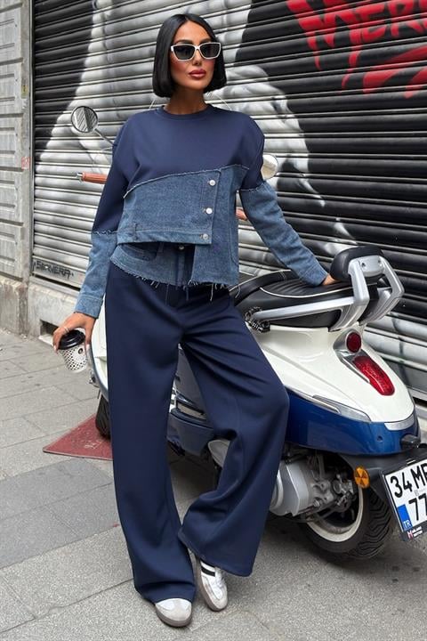 Denim Garnili Asimetrik Modal Takım 10269