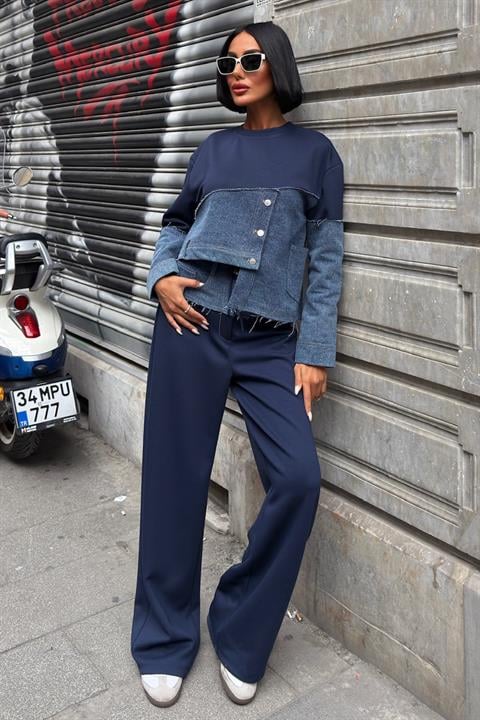 Denim Garnili Asimetrik Modal Takım 10269 LACİVERT L
