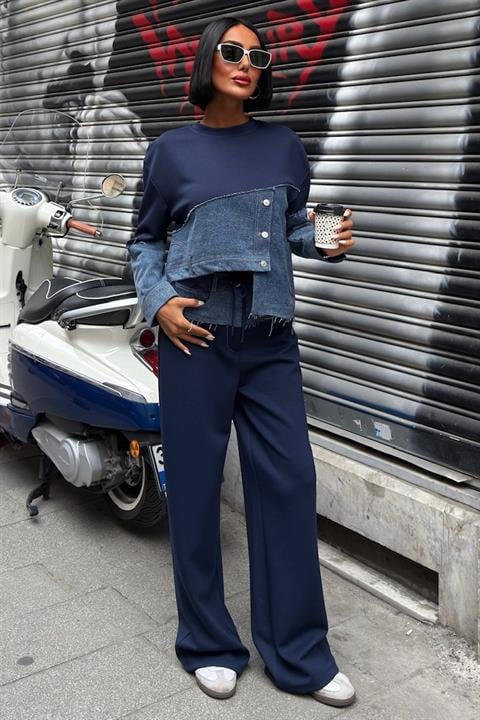 Denim Garnili Asimetrik Modal Takım 10269