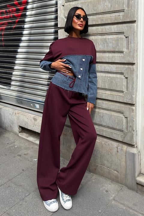 Denim Garnili Asimetrik Modal Takım 10269 BORDO L