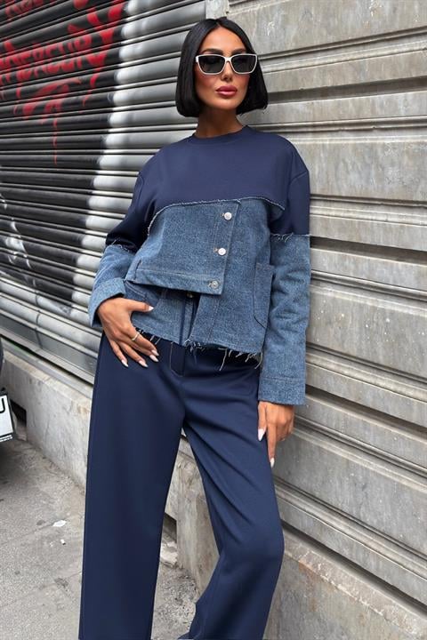Denim Garnili Asimetrik Modal Takım 10269